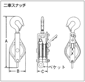 スリーエッチ/HHH 強力型滑車 二車スナッチ（ベケット付） フック型 