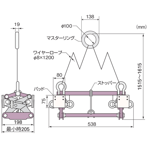 スーパーツール U字溝吊クランプ内張型(パッド式) 500kg ワイヤー