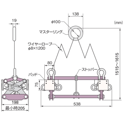 U字溝吊クランプ内張型(パッド式)　500kg　ワイヤーロープ、リング付