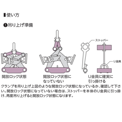 U字溝吊クランプ内張型(パッド式)　500kg　ワイヤーロープ、リング付