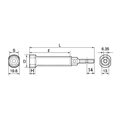 レースウェイ用ソケット ロングタイプ (6.35角軸) 全長：300mm