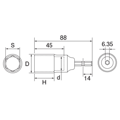 電動ドリル用コンパクトソケット(6.35角軸) 対辺9mm