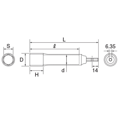 電動ドリル用ソケット ロングタイプ (6.35角軸) 対辺24mm