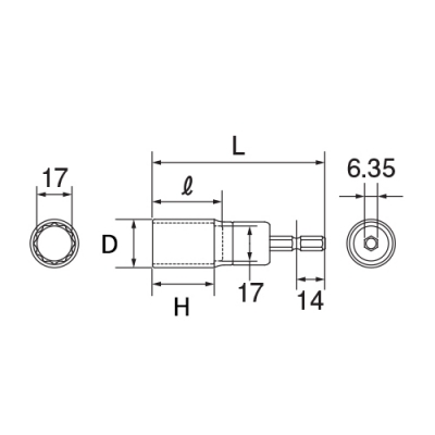 電動ドリル用 αアルファ足場クランプソケット (6.35角軸)　対辺17mm　兼用クランプ対応