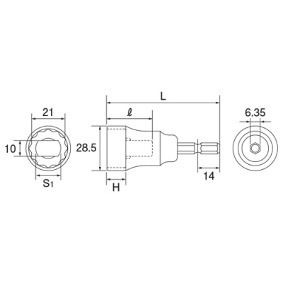 電動ドリル用フォームタイソケット  ショートタイプ(6.35角軸) 対辺21mm