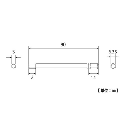 電動ドリル用ヘクスビット　六角軸6.35mm　呼び寸法2.5mm