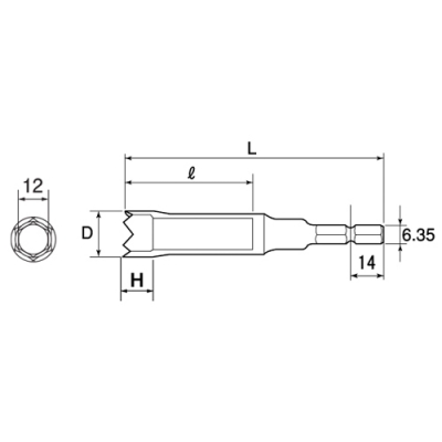 電動ドリル用ソケット ピーコン用 ギザ付ロング(6.35角軸) 対辺12mm