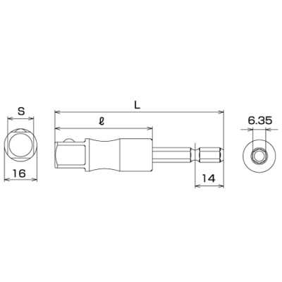 電動ドリル用強軸ソケットアダプター(40V対応)　(6.35角軸)　差込角：9.5mm