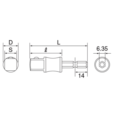 電動ドリル用 ソケットアダプター (6.35角軸)　差込角：凸12.7mm