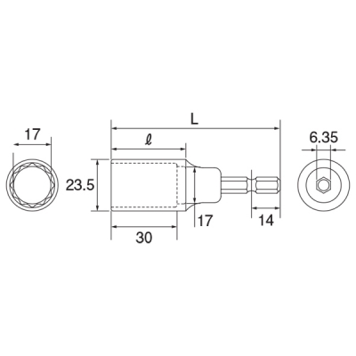 電動ドリル用足場クランプソケット(6.35角軸) 対辺17mm