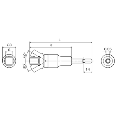 電動ドリル用強軸ユニバーサルソケットアダプター(40V対応)　(6.35角軸)　差込角：9.5mm