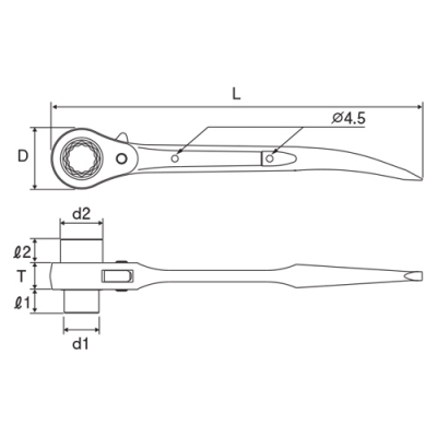 逆シノ曲がりショートラチェットレンチ　17×21mm
