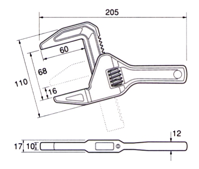 トラップレンチ(たて型アルミモーターレンチ)　全長：220mm