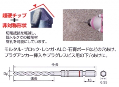 クッションドリル(コンクリート用)  六角軸5.0mm×全長157mm  (有効長100mm)