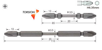 トーションビット (+)2×全長65mm 硬度H 10本入 マグネット付