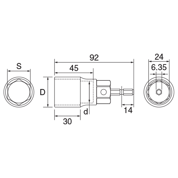 TOP/トップ工業 電動ドリル用コンパクトソケット(6.35角軸) 対辺30mm